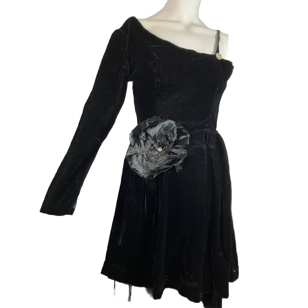 SEXY 40s 50s Strapy Shoulder + Full Sleeve Velvet Cocktail Dress Gown One Peplum - Picture 3 of 6